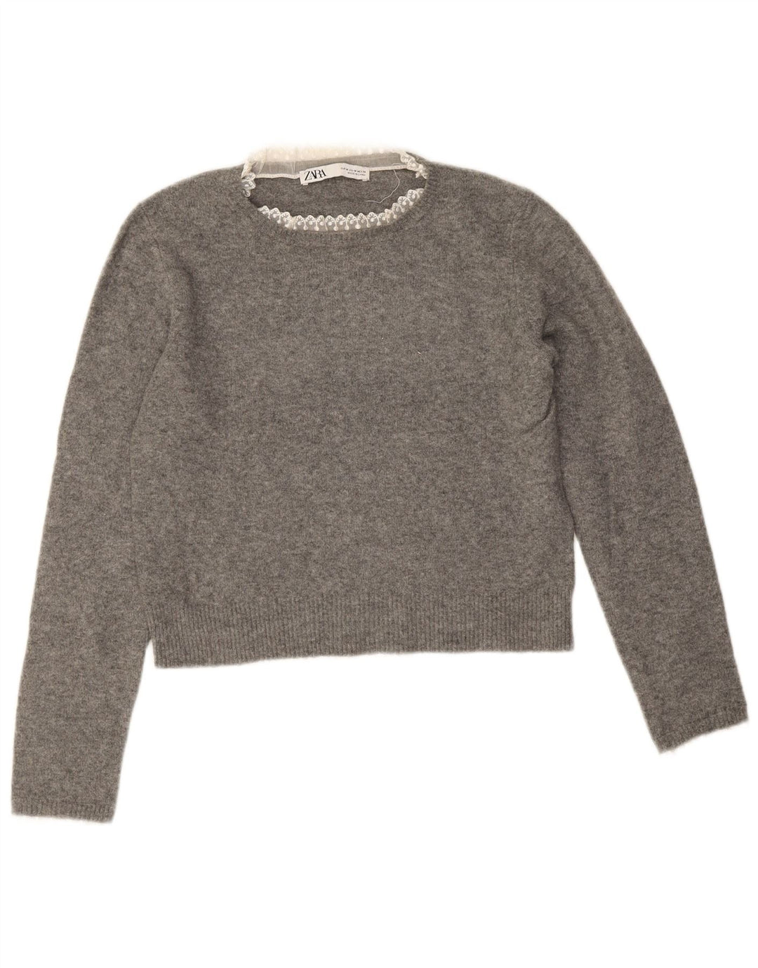Zara Suéter Corto con Cuello Redondo para Mujer UK 44 Gris Medio