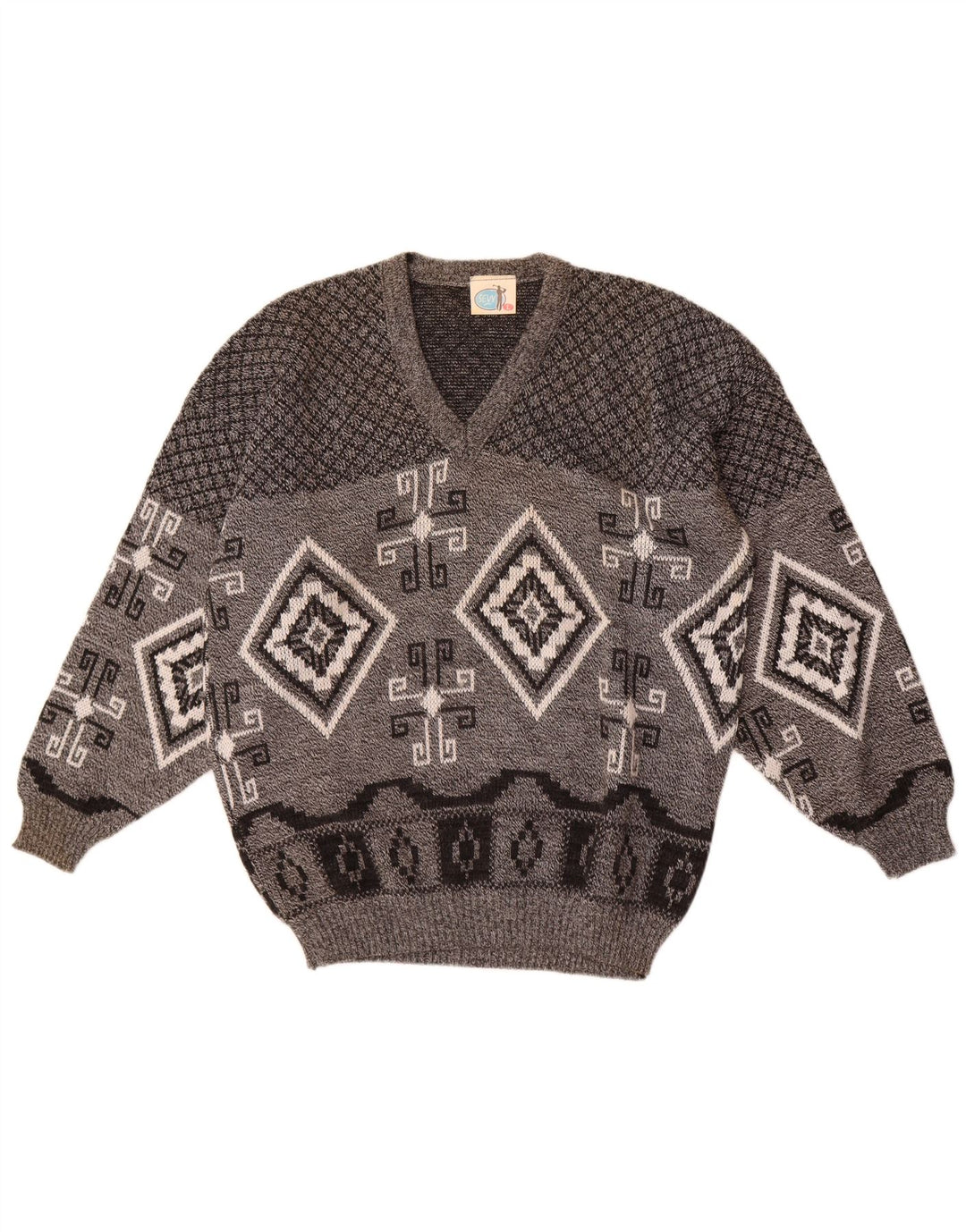 Vintage hombres V-cuello jumper suéter grande gris geométrico acrílico