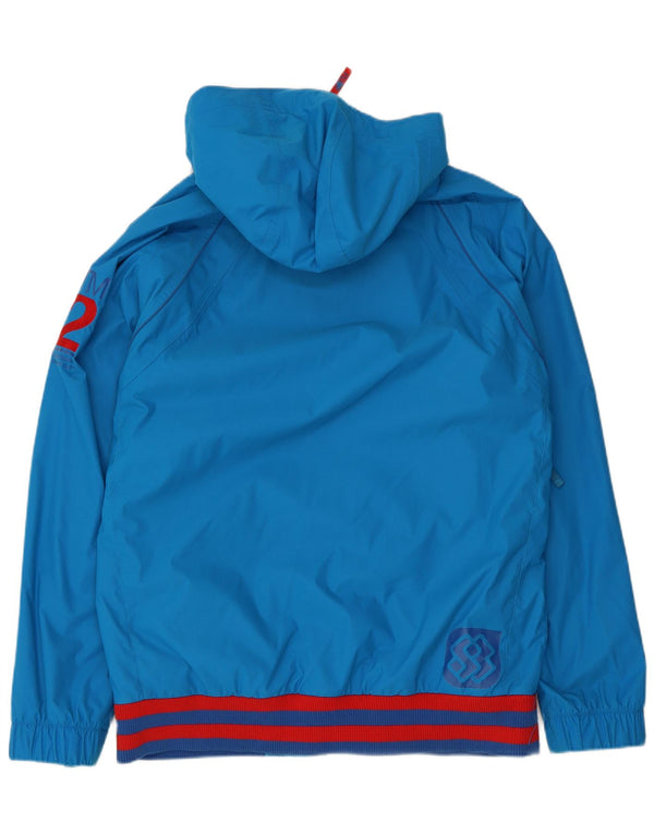 Vintage hombres gráfico con capucha chaqueta cortavientos Reino Unido 40 nylon azul grande