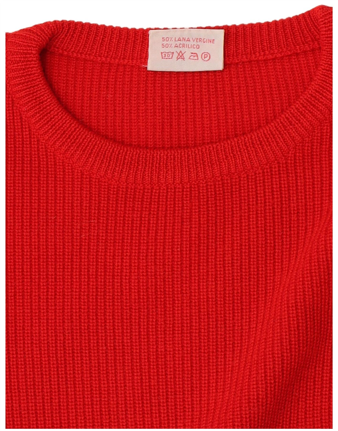 Vintage hombres cuello redondo jersey suéter medio rojo lana virgen
