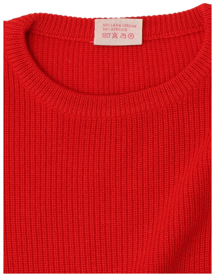 Vintage hombres cuello redondo jersey suéter medio rojo lana virgen