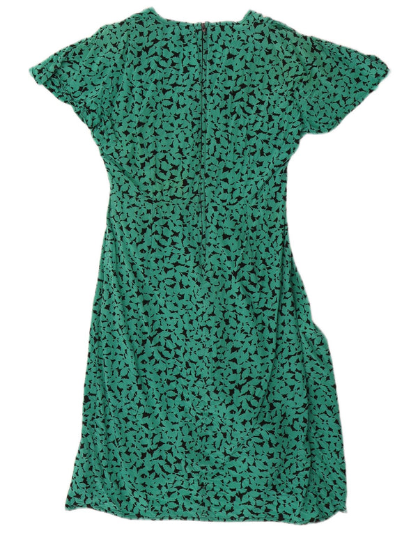 Vintage mujer patrón abstracto A-Line vestido Reino Unido 16 seda verde grande