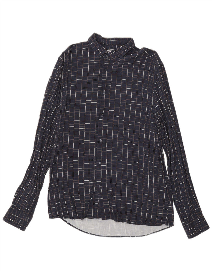 Zara Hombre Camisa Slim Fit Large Azul Marino Cuadros Viscosa