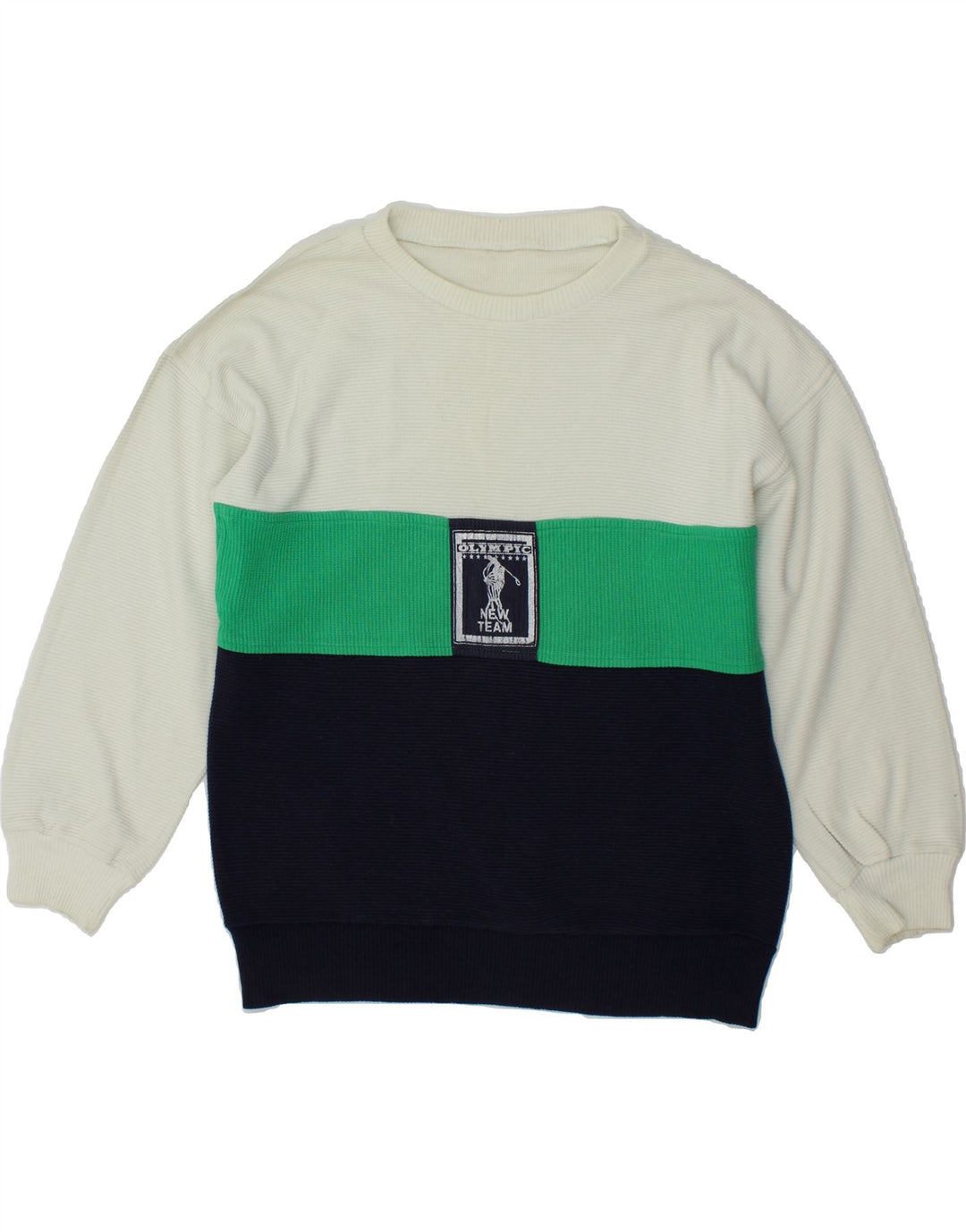 VINTAGE Mens Boat Neck Jumper Sweater Medium White Colourblock Vintage Vintage and Second-Hand Vintage from Messina Hembry 