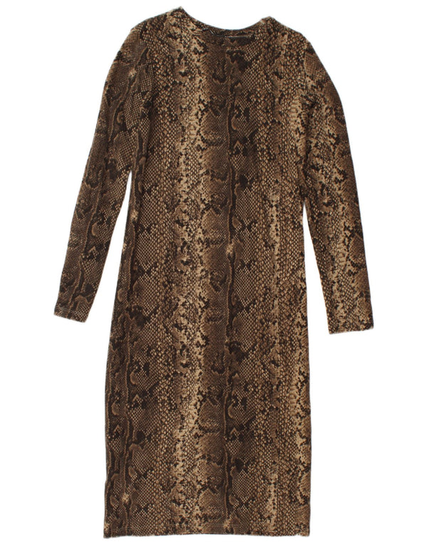 Zara Vestido ajustado de manga larga para mujer UK 42 Marrón medio Estampado animal