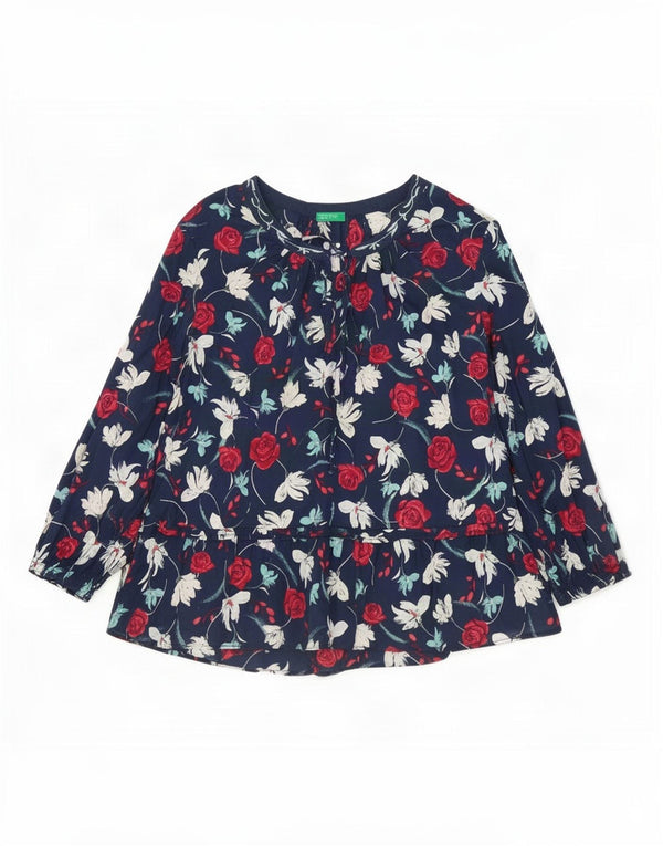 Benetton Blusa Manga 3/4 Mujer UK 40 XL Algodón Floral Azul Marino