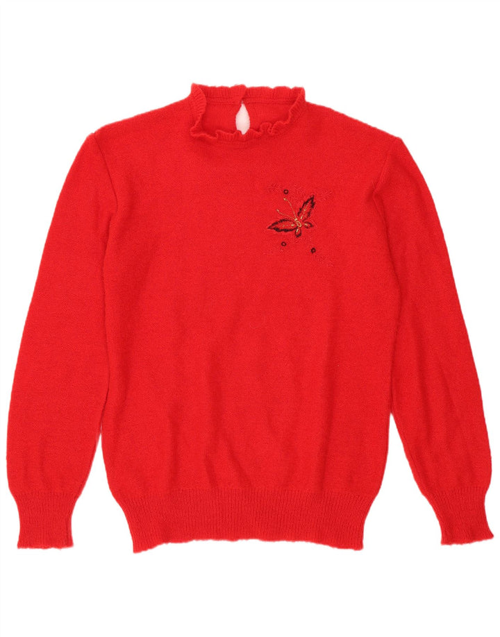 Vintage mujer cuello tortuga jersey suéter Reino Unido 14 mariposa roja mediana