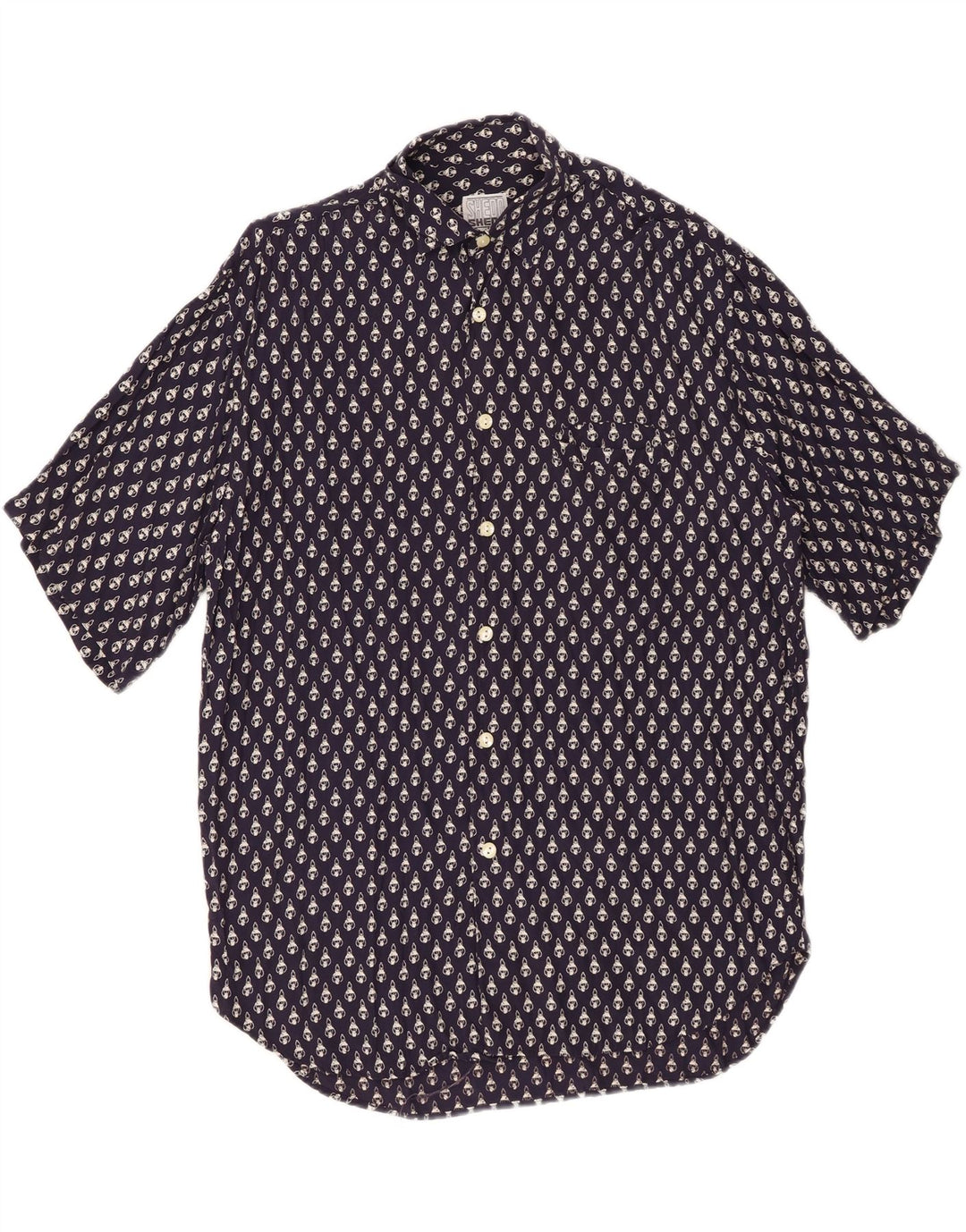VINTAGE Camisa de manga corta con estampado abstracto para hombre Viscosa azul marino medio