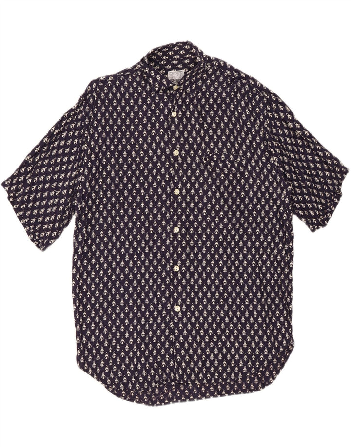 VINTAGE Camisa de manga corta con estampado abstracto para hombre Viscosa azul marino medio