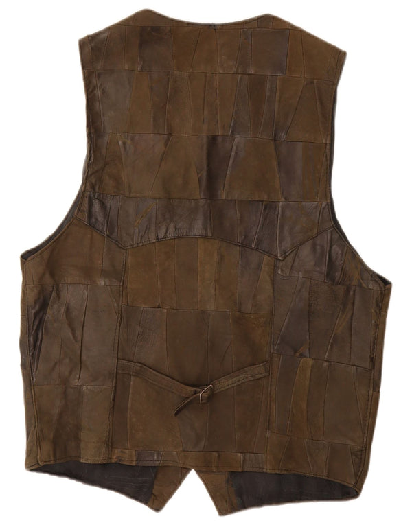 Chaleco de cuero vintage para hombre XL Patchwork caqui