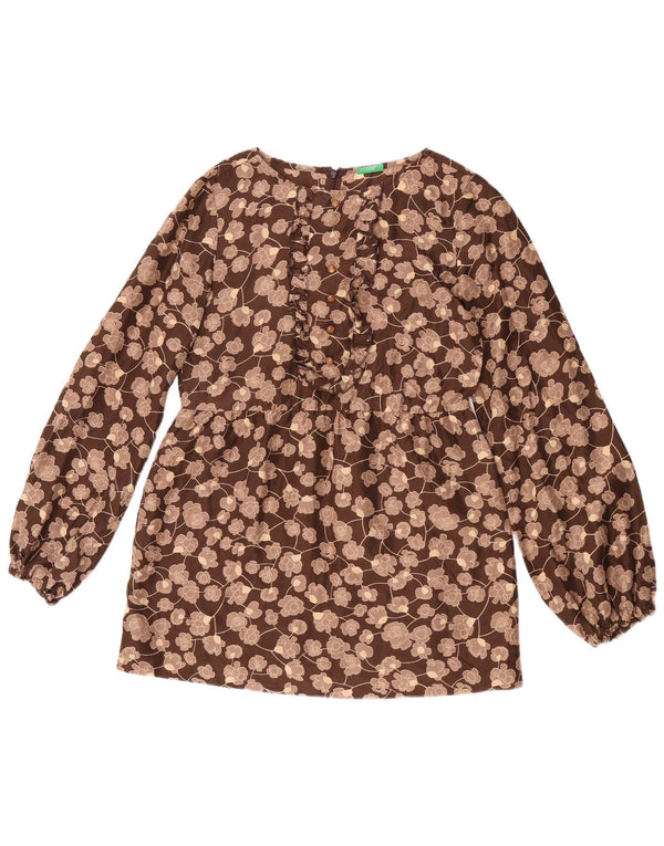 Benetton Blusa De Manga Larga Para Mujer UK 40 Small Seda Floral Marrón