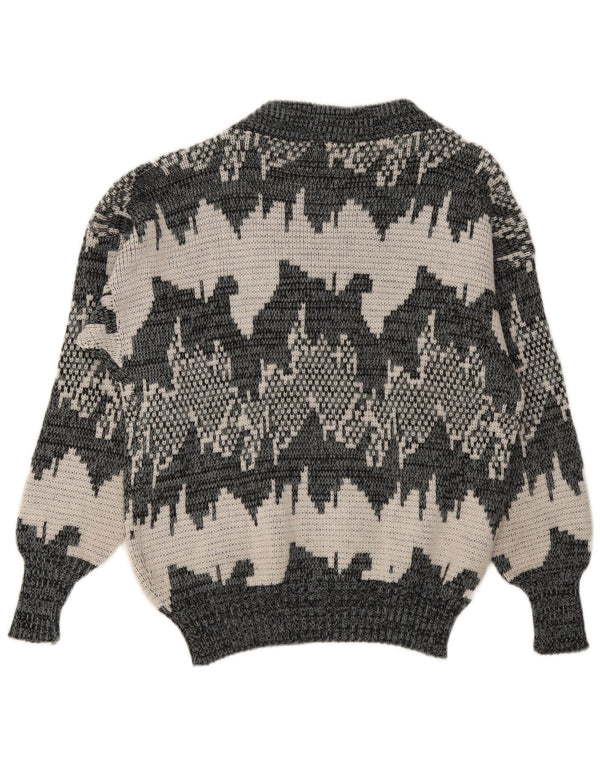 Vintage Mens Abstract Pattern V-Neck Jumper Sweater Medium Grey Geometric