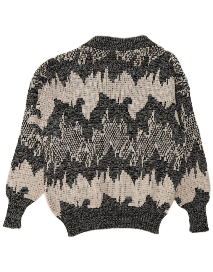 Vintage hombres patrón abstracto V-cuello jumper suéter medio gris geométrico