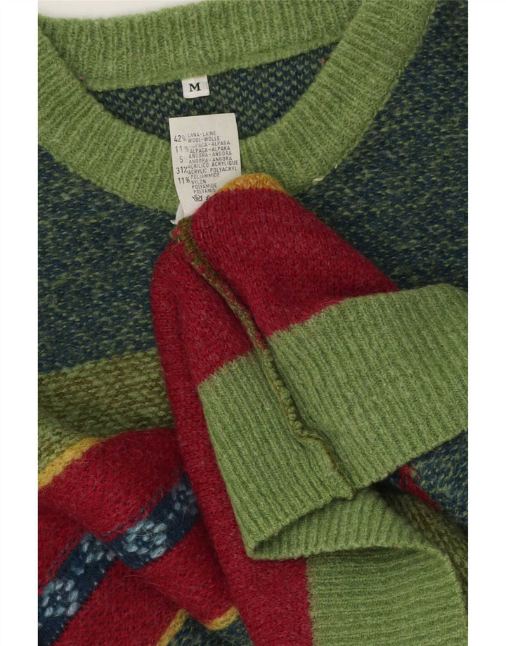 Vintage hombres cuello redondo jersey suéter medio verde rayas lana