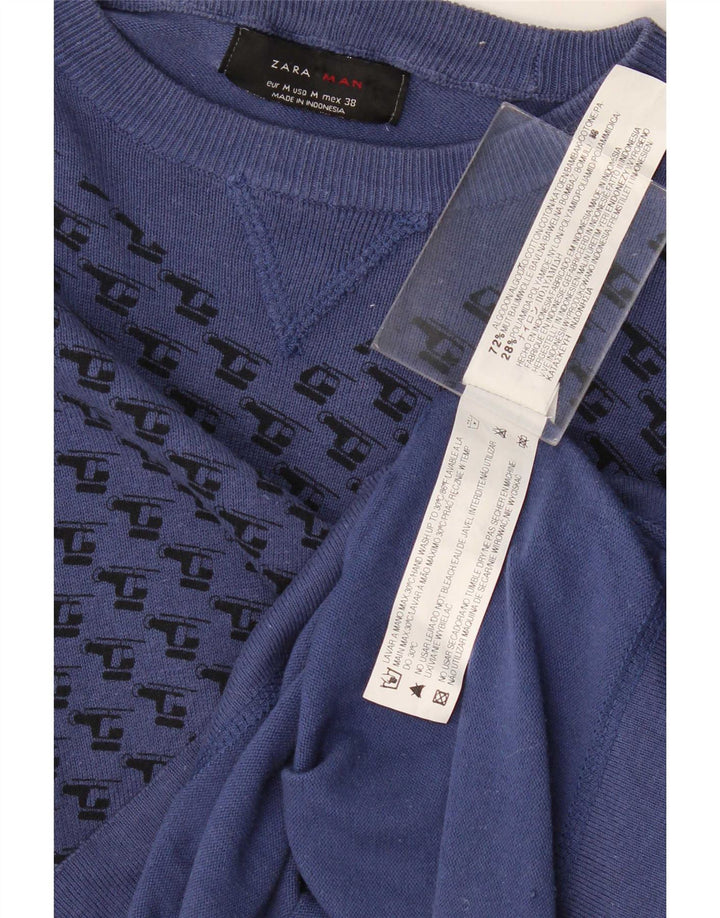 Zara Hombre Top Estampado Manga Larga Algodón Geométrico Azul Marino Medio