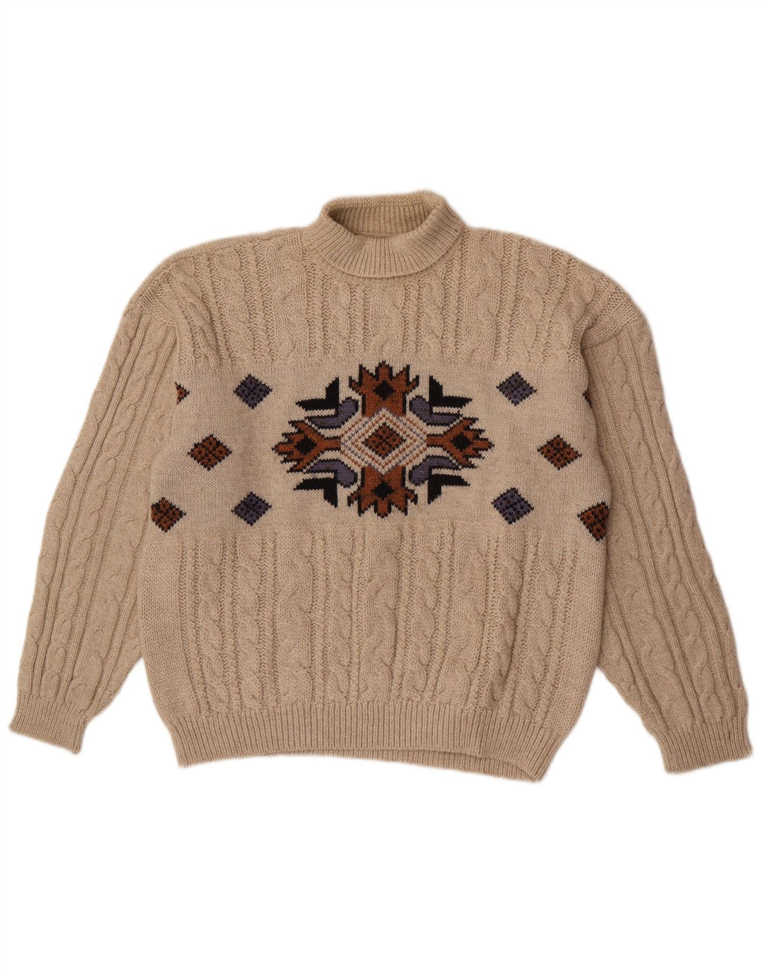 Vintage hombres rollo cuello jersey suéter medio beige geométrico