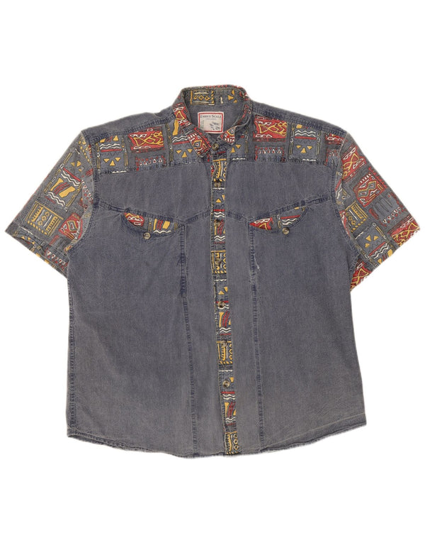 Vintage hombres manga corta camisa denim XL azul marino algodón geométrico