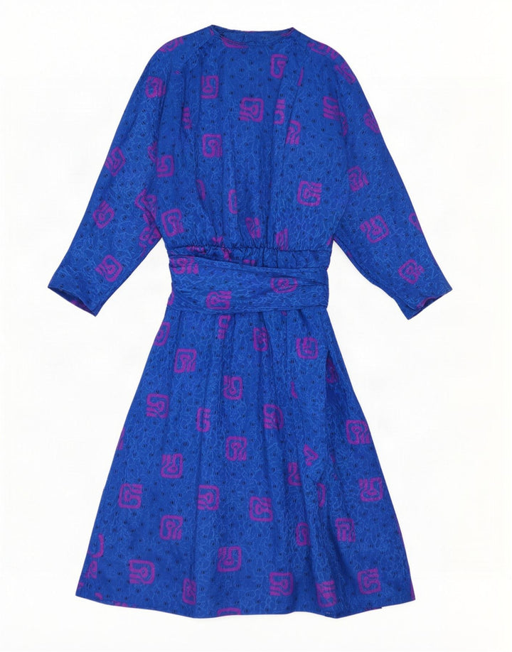 Vintage mujeres patrón abstracto manga larga Maxi vestido Reino Unido 10 pequeño azul