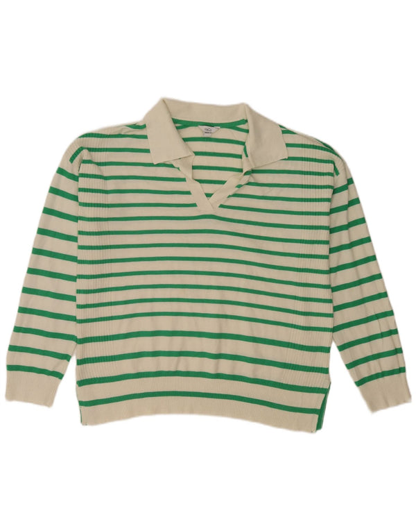 M&Co Suéter tipo jersey con cuello tipo polo para mujer, talla 40, talla grande, viscosa a rayas blancas