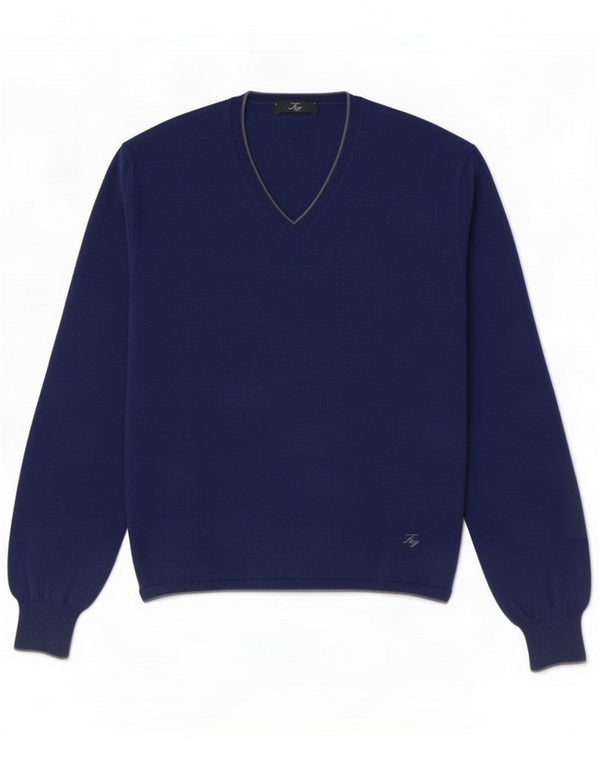 Fay Mens V-Neck Jumper Sweater IT 38 Small Blue Colourblock Virgin Wool