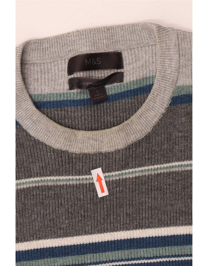 Marks & Spencer - Jersey de cuello redondo para hombre, poliéster a rayas, color gris grande