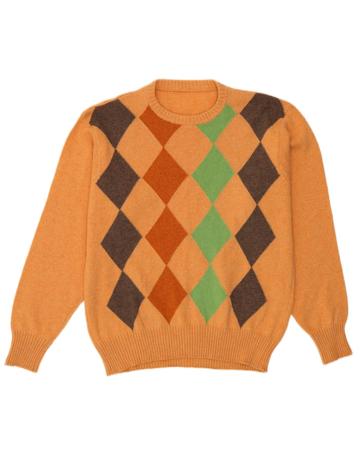 Vintage hombres cuello redondo jersey suéter medio naranja Argyle/Diamante