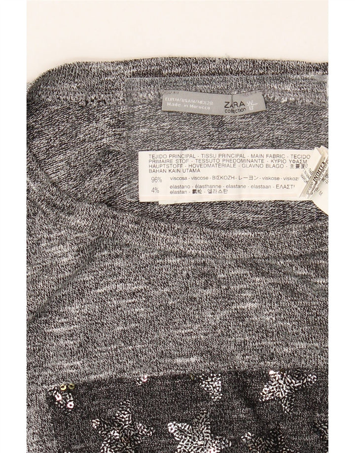 Zara Mujer Top Manga Larga UK 44 Viscosa Moteada Gris Medio