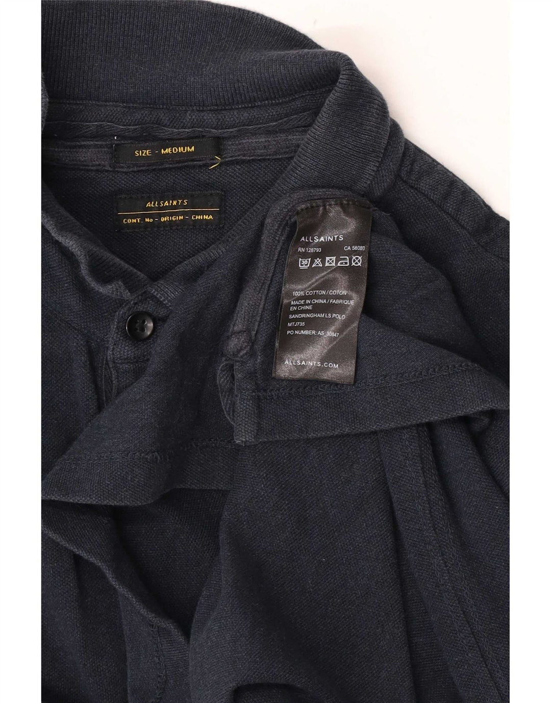 All Saints Polo de manga larga para hombre de algodón azul marino mediano
