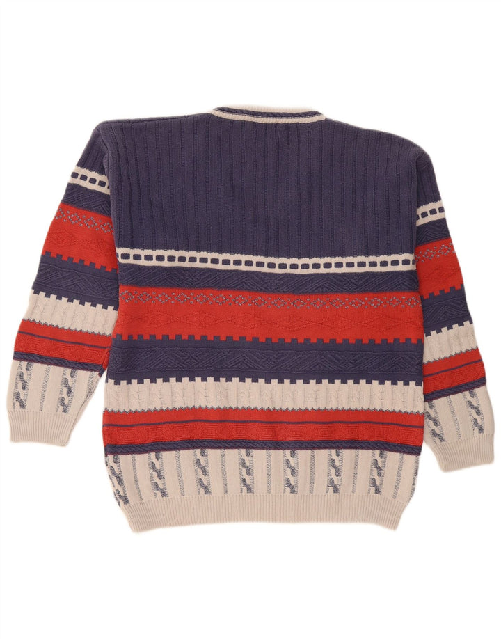 Vintage hombres V-cuello jumper suéter pequeño azul marino colorblock
