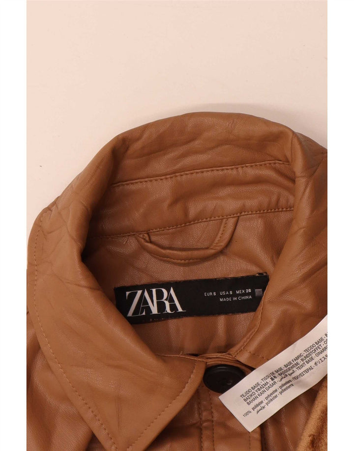 Zara Mujer Abrigo Extragrande De Piel Sintética UK 10 Small Marrón Poliuretano