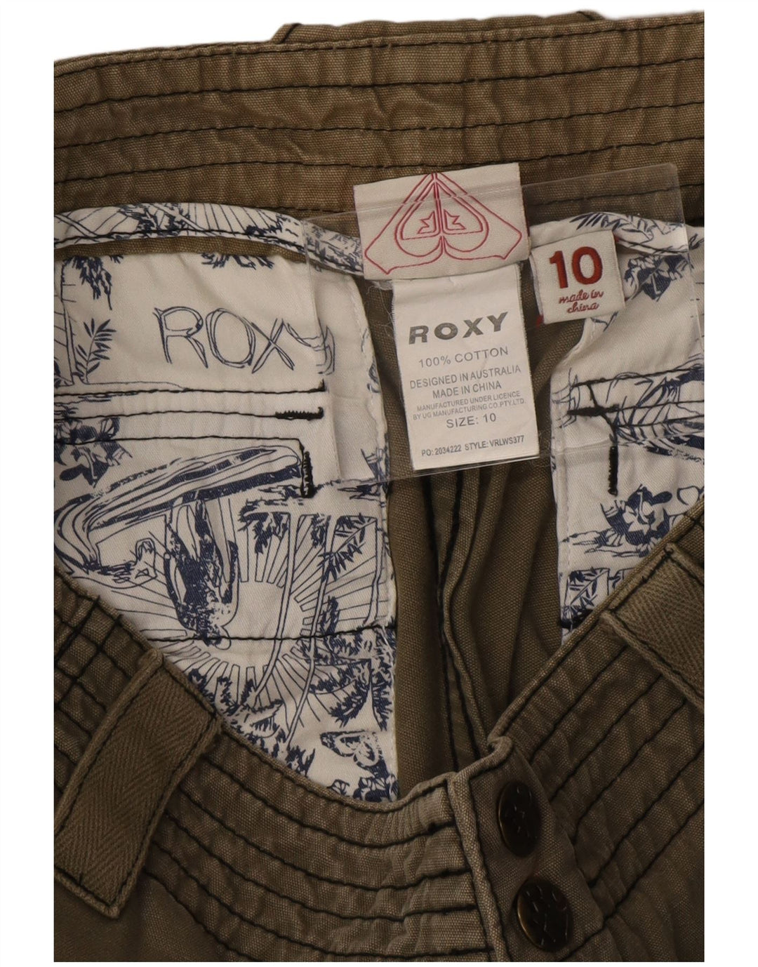 ROXY Pantalones cortos cargo gráficos de talle medio para mujer US 10 Large W29 Algodón caqui