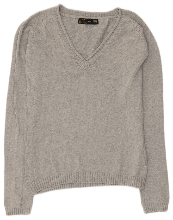 ZARA Jersey con cuello en V para mujer UK 40 Algodón gris medio