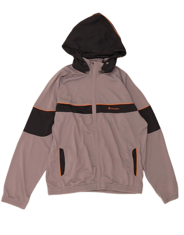 CHAMPION Mens Hooded Tracksuit Top Jacket Large Grey Colourblock