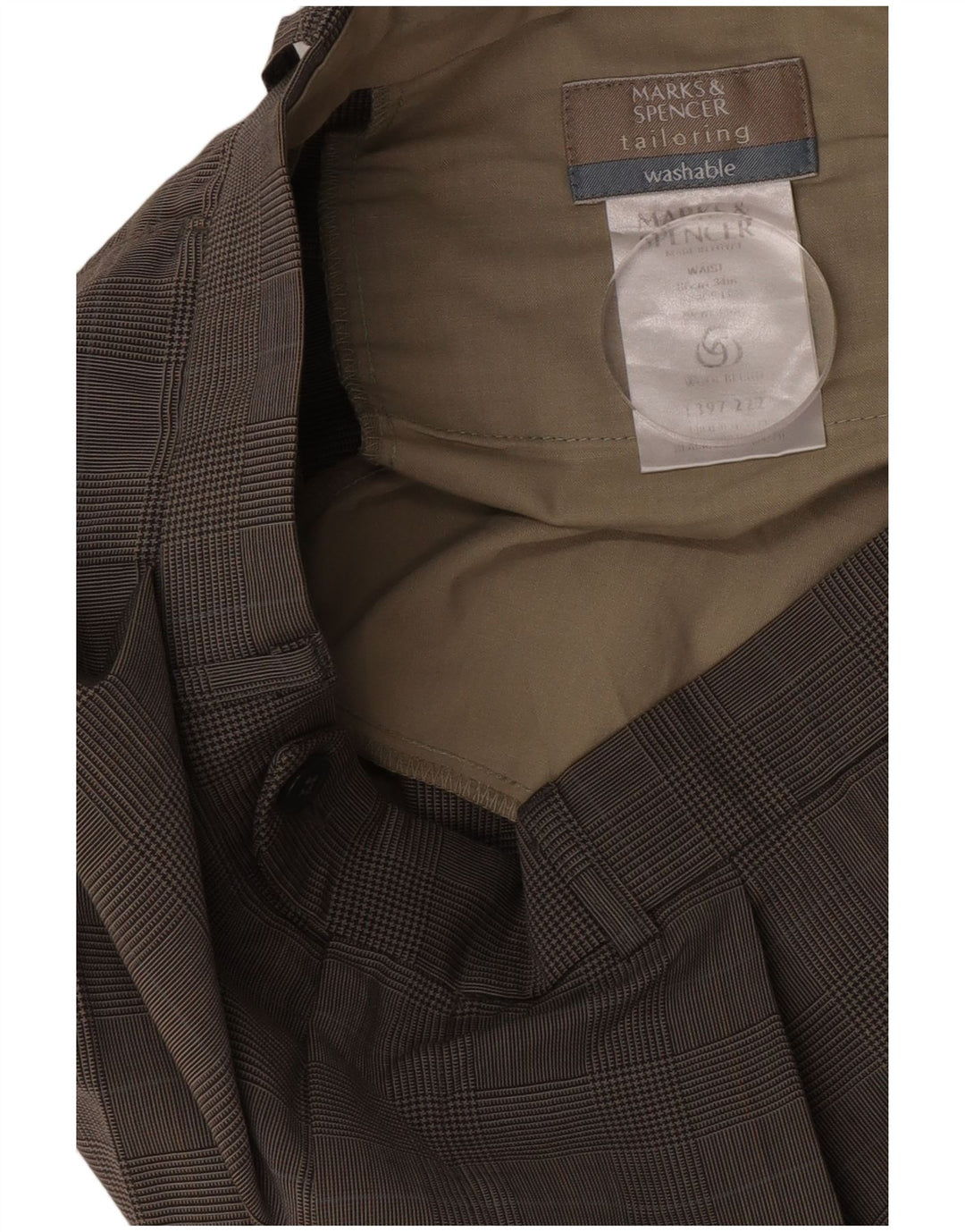 Marks & Spencer Pantalón de traje con pinzas para hombre W34 L30 Beige Pata de gallo