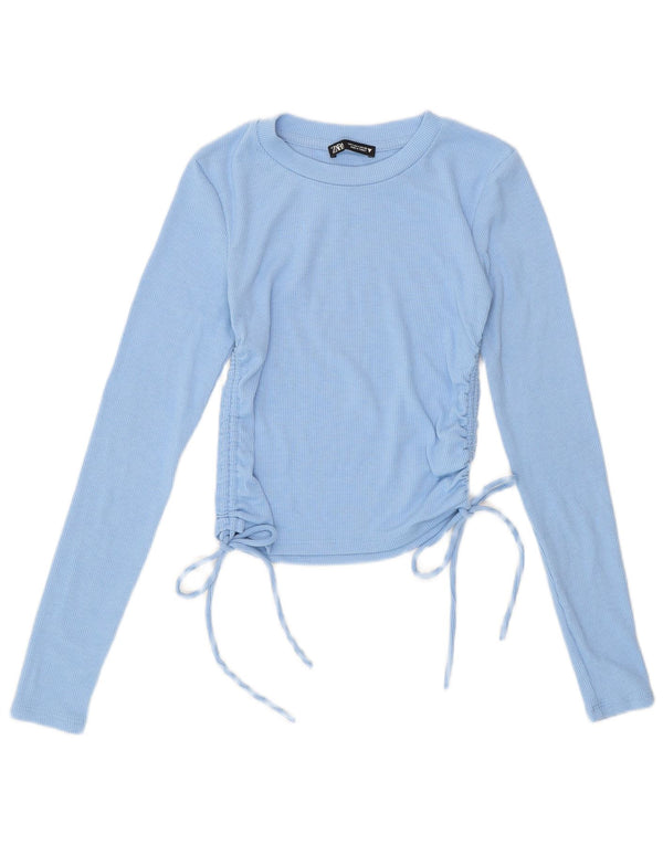 Zara Blusa Corta De Manga Larga Para Mujer Top UK 8 Small Poliéster Azul