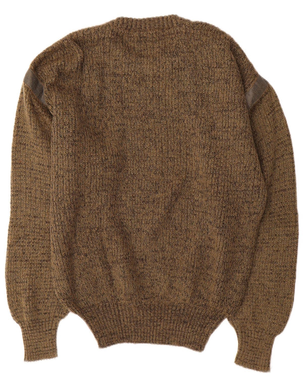 Vintage hombres cuello redondo jersey suéter medio caqui moteado