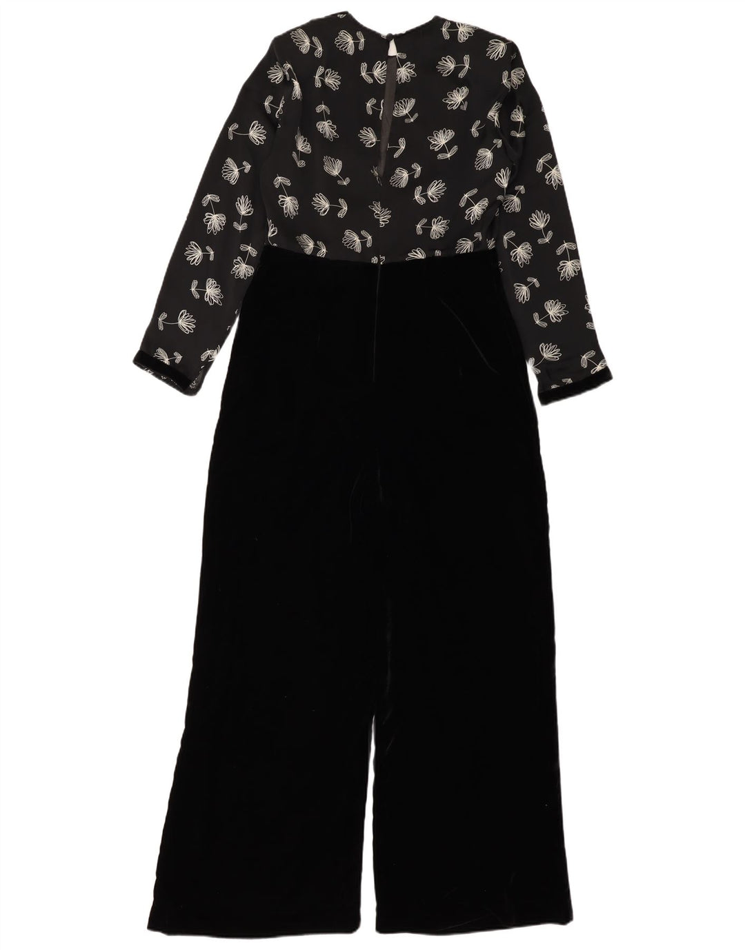 Vintage mujer Velour mono Reino Unido 12 medio negro floral poliéster