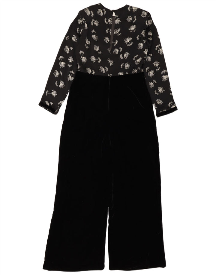 Vintage mujer Velour mono Reino Unido 12 medio negro floral poliéster