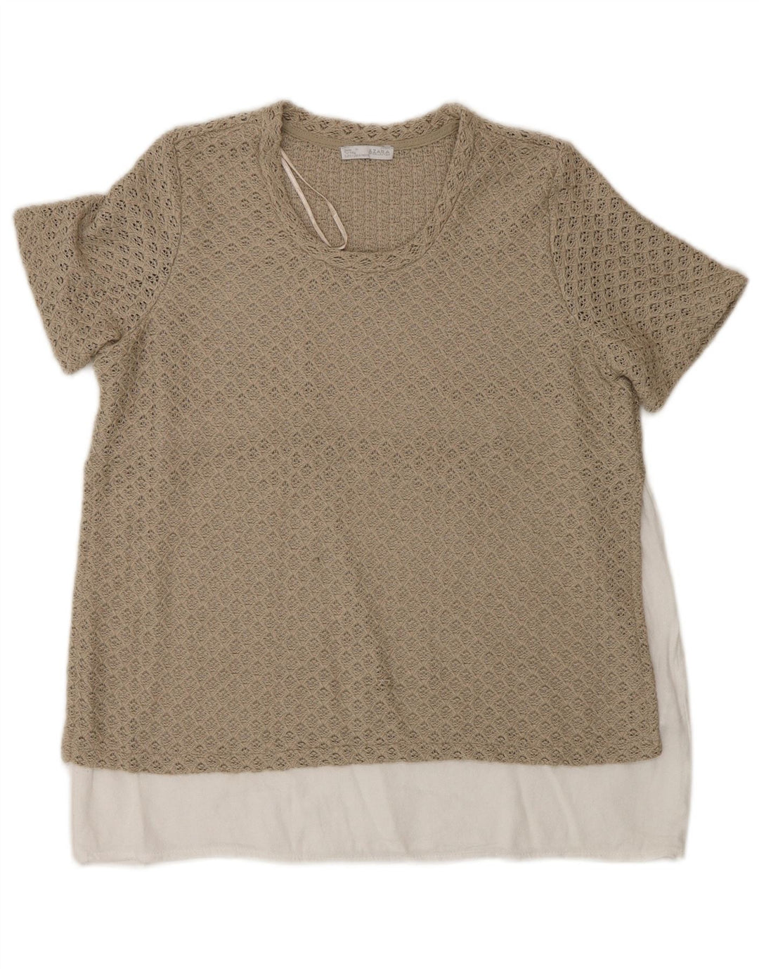 Zara Mujer Blusa De Ganchillo Top UK 42 Medio Beige Colorblock Poliéster