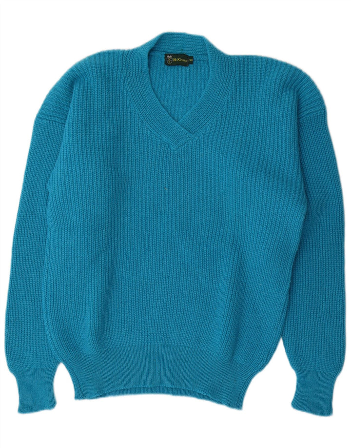 Vintage hombre V-cuello jumper suéter IT 50 lana azul medio