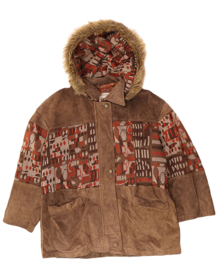Vintage mujer ante oversize cortavientos abrigo IT 46 grande beige geométrico