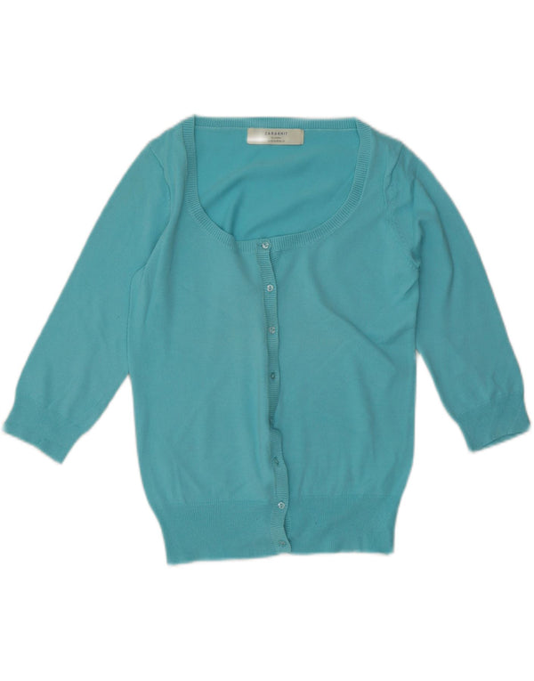Zara Mujer Cárdigan De Manga 3/4 Suéter UK 42 Algodón Azul Medio