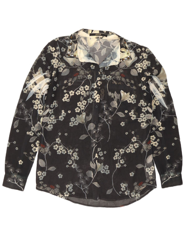 Guess Blusa camisera transparente para mujer UK 44 Poliéster floral negro mediano