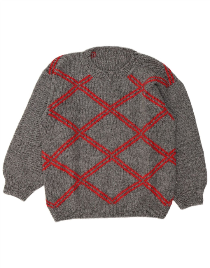 Vintage hombres cuello redondo jersey suéter grande gris geométrico