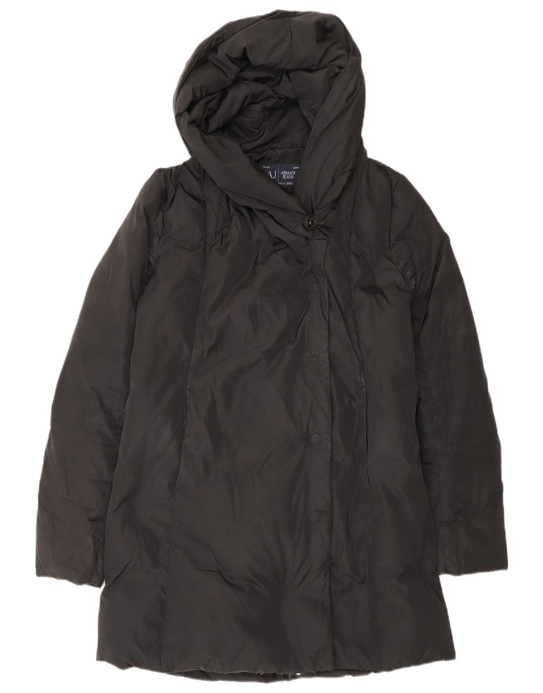 ARMANI JEANS Abrigo acolchado extragrande con capucha para mujer IT 38 XS Poliéster negro