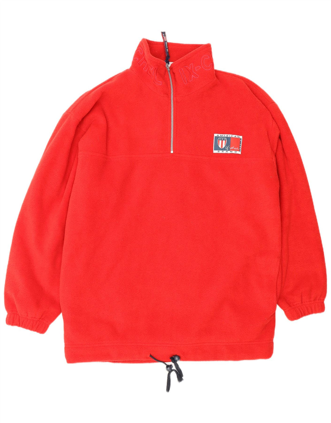 VINTAGE Jersey de forro polar con cuello con cremallera y gráfico holgado para hombre Poliéster rojo medio