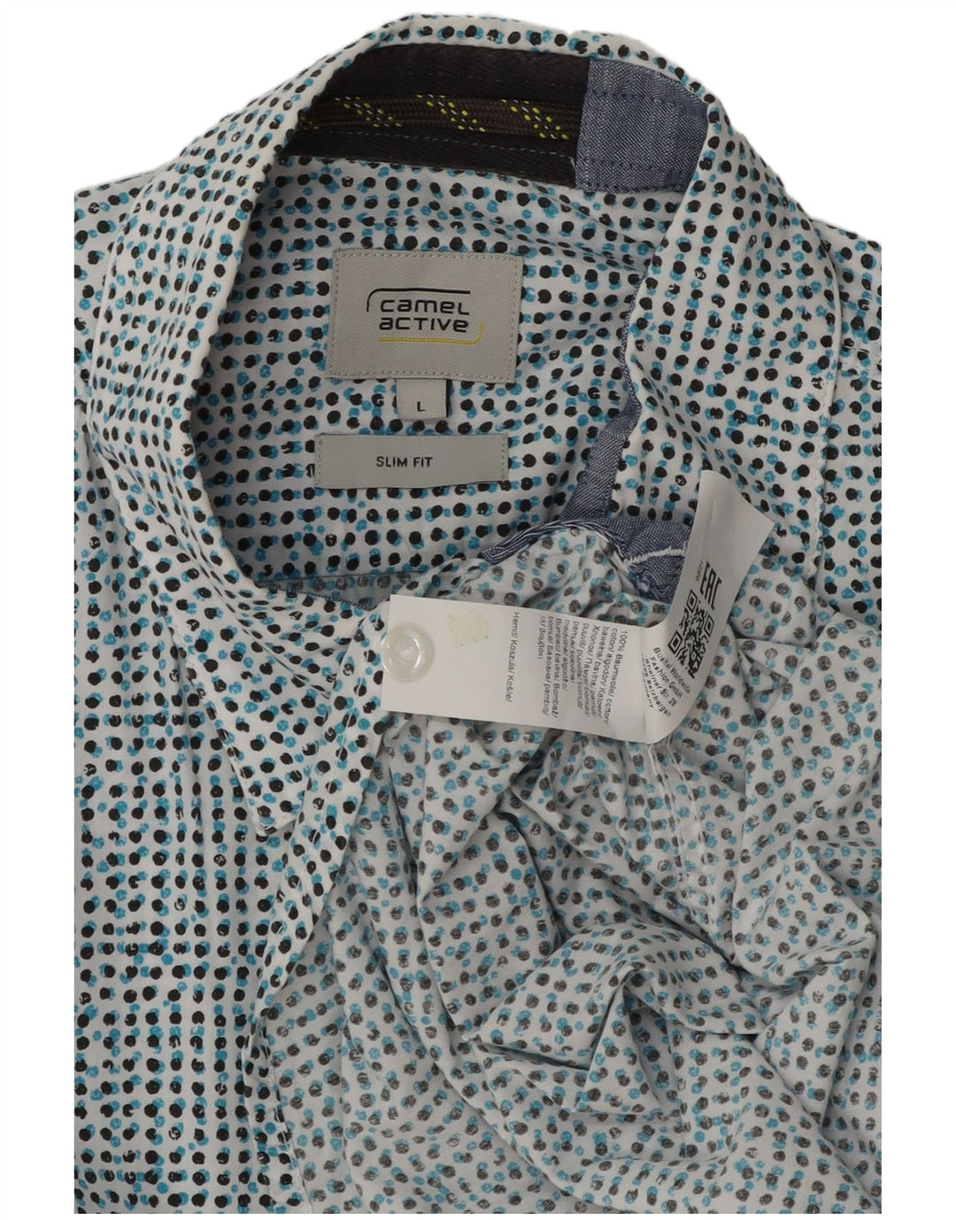 Camel Active - Camisa de manga corta para hombre, corte entallado, algodón con lunares azules grandes