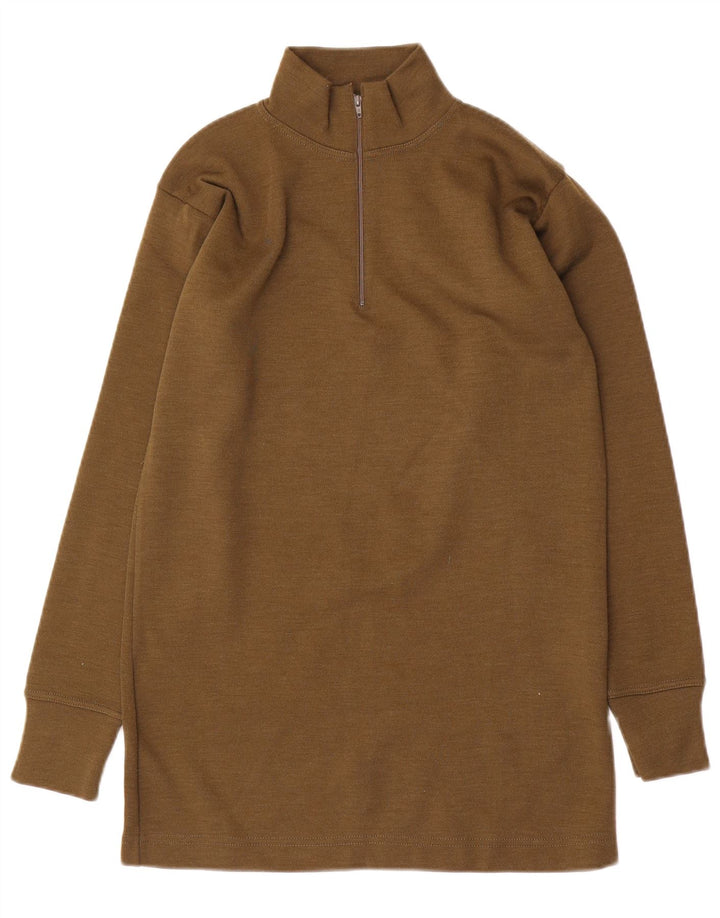 Vintage hombres zip cuello jumper suéter medio caqui poliamida
