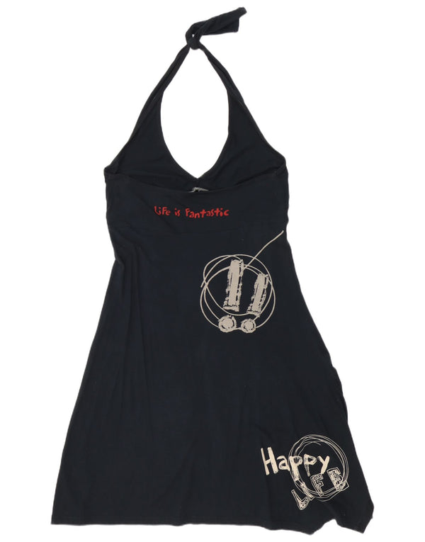 Desigual Vestido Halter Asimétrico Gráfico Mujer UK 18 XL Algodón Negro