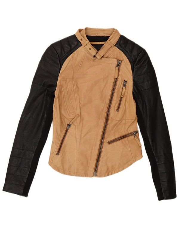 Zara Mujer Chaqueta Corta De Cuero Sintético Racer UK 6 XS Beige Colorblock